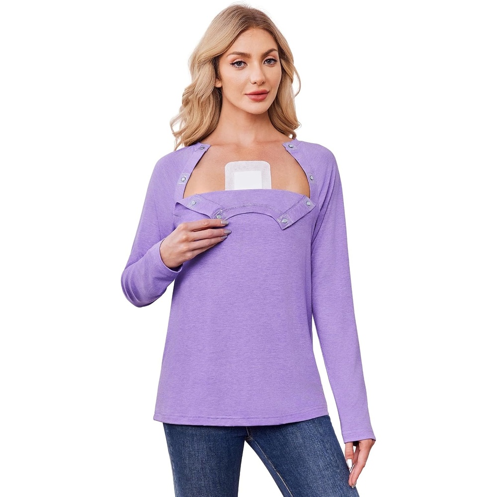 image:imageDeyeek Womens Long Sleeve Magnetic Buttons Chemo Shirts for Port Access  Tear Away Post Surgery Shirt Dialysis Tops for PICC Line HD Catheter Cancer Chemotherapy Must Haves Shoulder RecoveryPurple