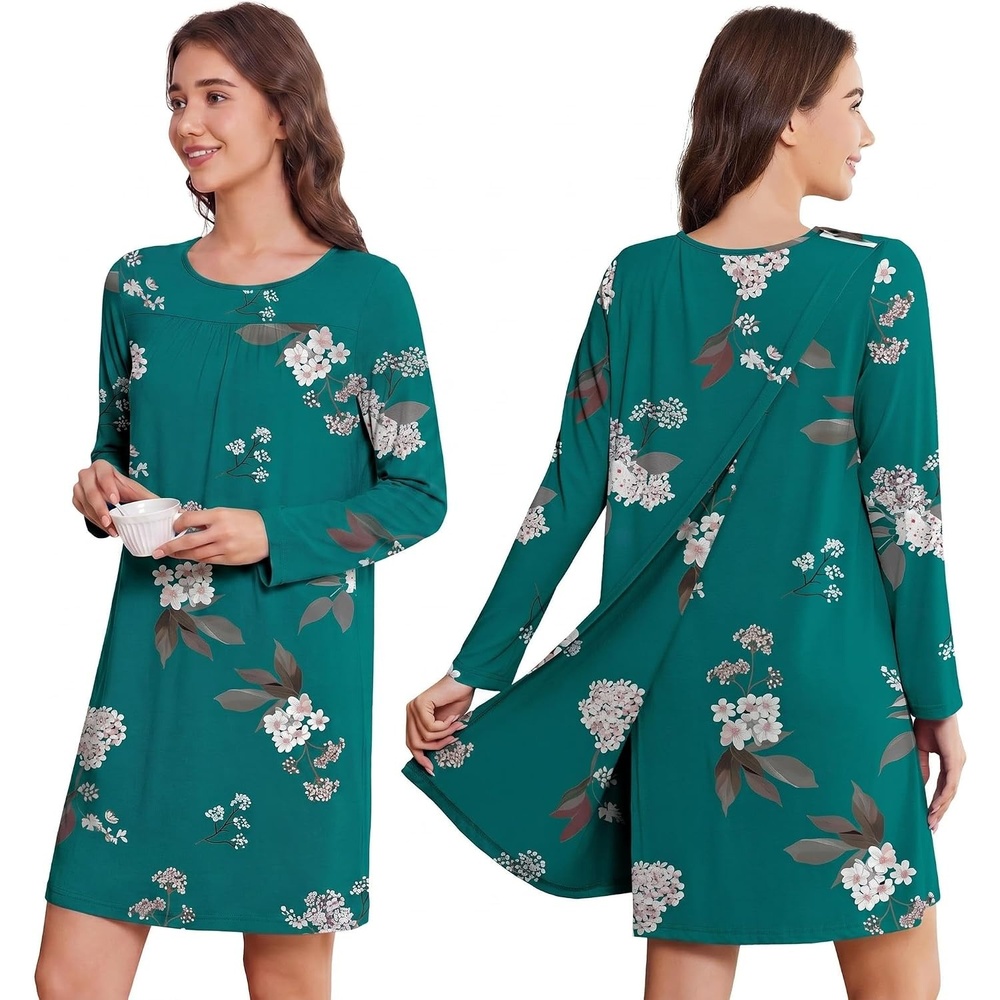 image:imageDeyeek Womens Open Back Hospital Gowns for Post Surgery  Long sleeve tear away dress with shoulder snaps These adaptive nightgowns offer easy access and comfort for recoveryGreen Print