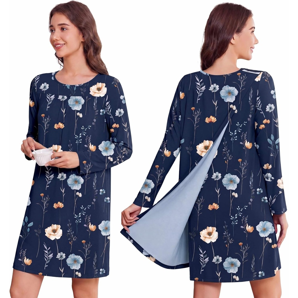 image:imageDeyeek Womens Open Back Hospital Gowns for Post Surgery  Long sleeve tear away dress with shoulder snaps These adaptive nightgowns offer easy access and comfort for recoveryNavy Blue Print