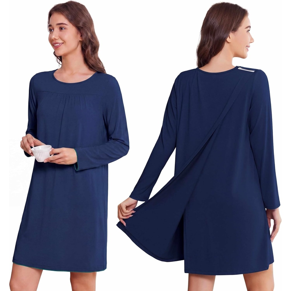 image:imageDeyeek Womens Open Back Hospital Gowns for Post Surgery  Long sleeve tear away dress with shoulder snaps These adaptive nightgowns offer easy access and comfort for recoveryNavy
