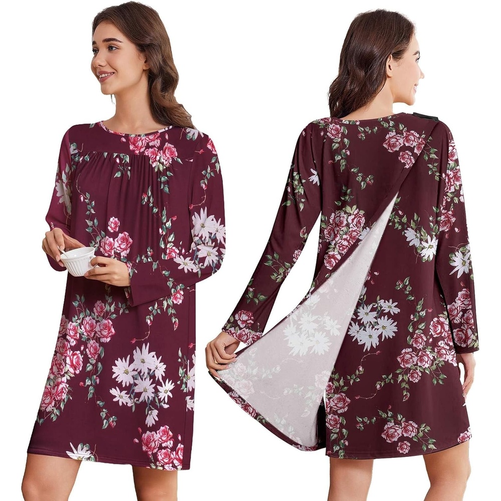 image:imageDeyeek Womens Open Back Hospital Gowns for Post Surgery  Long sleeve tear away dress with shoulder snaps These adaptive nightgowns offer easy access and comfort for recoveryRed Floral Print