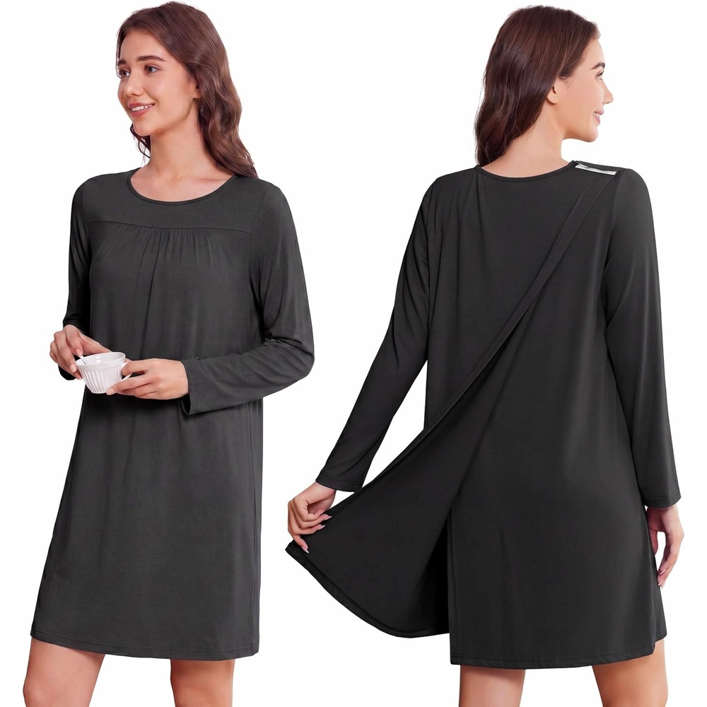 image:imageDeyeek Womens Open Back Hospital Gowns for Post Surgery  Long sleeve tear away dress with shoulder snaps These adaptive nightgowns offer easy access and comfort for recoveryBlack