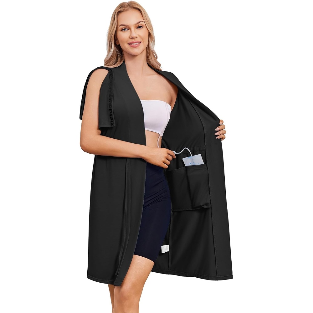 image:imageWomens Post Surgery Mastectomy Robe with 4 Internal Drain Pockets Short Sleeve Adaptive Nightgowns Pajama Dress ShirtBlack