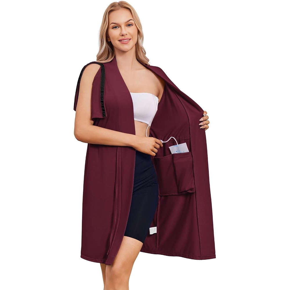image:imageWomens Post Surgery Mastectomy Robe with 4 Internal Drain Pockets Short Sleeve Adaptive Nightgowns Pajama Dress ShirtWine Red