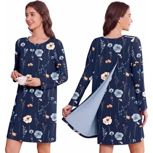 Deyeek Women’s Open Back Hospital Gowns for Post Surgery | Long sleeve tear away dress with shoulder snaps. These adaptive nightgowns offer easy access and comfort for recovery.(Navy Blue Print)