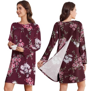 Deyeek Women’s Open Back Hospital Gowns for Post Surgery | Long sleeve tear away dress with shoulder snaps. These adaptive nightgowns offer easy access and comfort for recovery.(Red Floral Print)