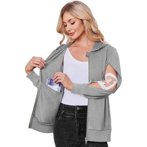 Deyeek Women’s Zip Up Hoodie Sweatshirts with Arm Zipper and Drain Pockets | Dual-arm Zippers Allow Easy IV, PICC, Dialysis HD Catheter, Chemo Port Access; Inner Pockets Hold Post Mastectomy Drain Bags(Grey)