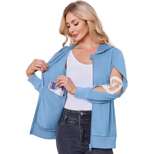 Deyeek Women’s Zip Up Hoodie Sweatshirts with Arm Zipper and Drain Pockets | Dual-arm Zippers Allow Easy IV, PICC, Dialysis HD Catheter, Chemo Port Access; Inner Pockets Hold Post Mastectomy Drain Bags(Light Blue)