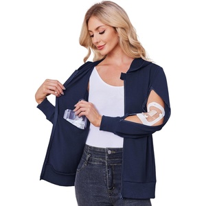 Deyeek Women’s Zip Up Hoodie Sweatshirts with Arm Zipper and Drain Pockets | Dual-arm Zippers Allow Easy IV, PICC, Dialysis HD Catheter, Chemo Port Access; Inner Pockets Hold Post Mastectomy Drain Bags(Navy Blue)