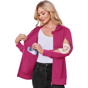 Deyeek Women’s Zip Up Hoodie Sweatshirts with Arm Zipper and Drain Pockets | Dual-arm Zippers Allow Easy IV, PICC, Dialysis HD Catheter, Chemo Port Access; Inner Pockets Hold Post Mastectomy Drain Bags(Rose Red)