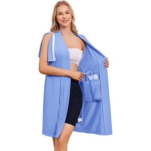 Women’s Post Surgery Mastectomy Robe with 4 Internal Drain Pockets Short Sleeve Adaptive Nightgowns Pajama Dress Shirt(Light Blue)