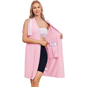 Women’s Post Surgery Mastectomy Robe with 4 Internal Drain Pockets Short Sleeve Adaptive Nightgowns Pajama Dress Shirt(Pink)