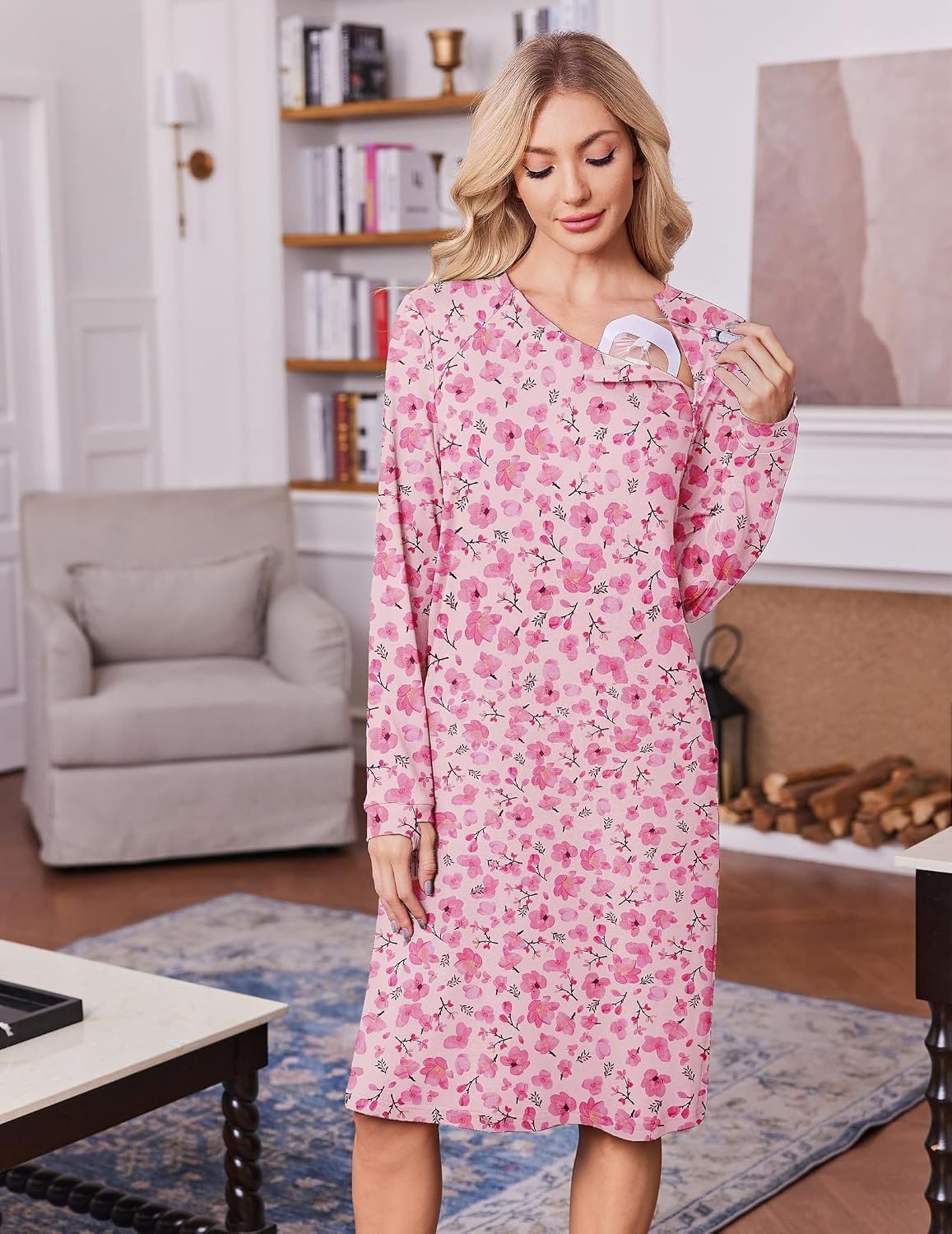 image:imageDeyeek Chemo Dress for Port Access Women Dialysis Dresses with Arm Zipper Long Sleeve Post Surgery Dress with 2 Hidden Side Zippers Hospital Gowns Chemotherapy Must Haves Nightgowns with PocketsPink Print