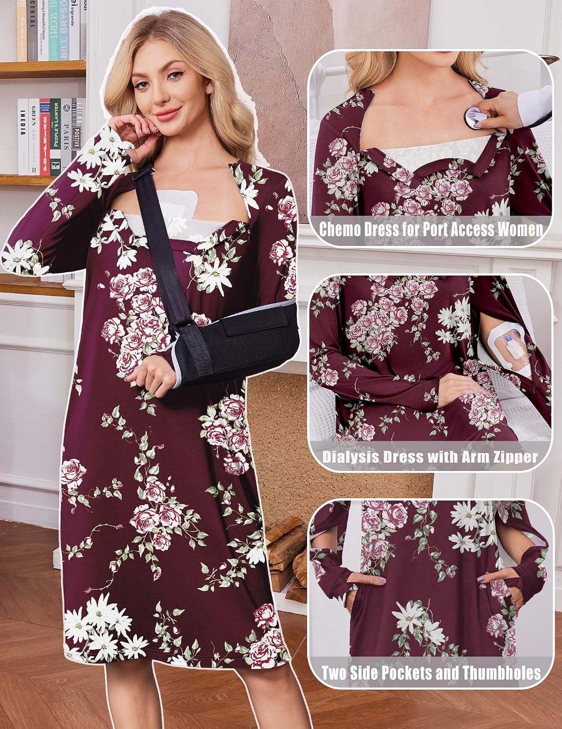 image:imageDeyeek Chemo Dress for Port Access Women Dialysis Dresses with Arm Zipper Long Sleeve Post Surgery Dress with 2 Hidden Side Zippers Hospital Gowns Chemotherapy Must Haves Nightgowns with PocketsRed Print