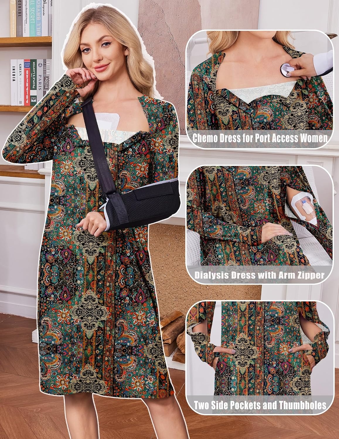 image:imageDeyeek Chemo Dress for Port Access Women Dialysis Dresses with Arm Zipper Long Sleeve Post Surgery Dress with 2 Hidden Side Zippers Hospital Gowns Chemotherapy Must Haves Nightgowns with PocketsPaisley Ethnic