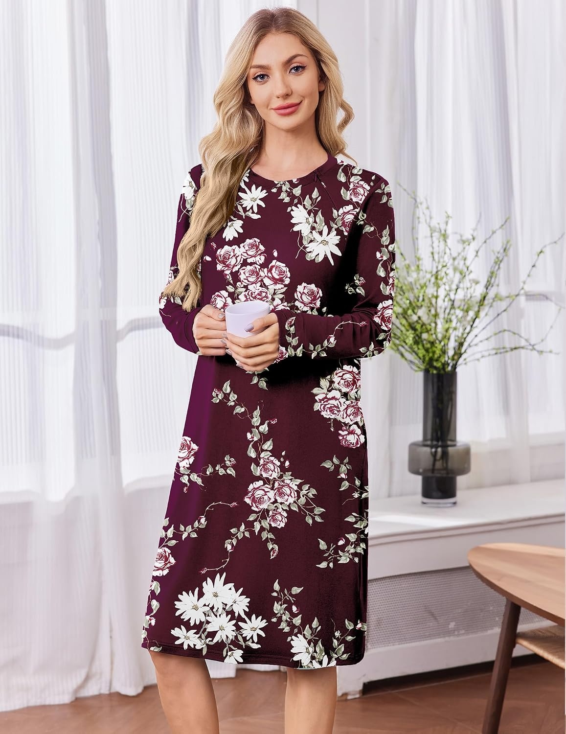 image:imageDeyeek Chemo Dress for Port Access Women Dialysis Dresses with Arm Zipper Long Sleeve Post Surgery Dress with 2 Hidden Side Zippers Hospital Gowns Chemotherapy Must Haves Nightgowns with PocketsRed Print