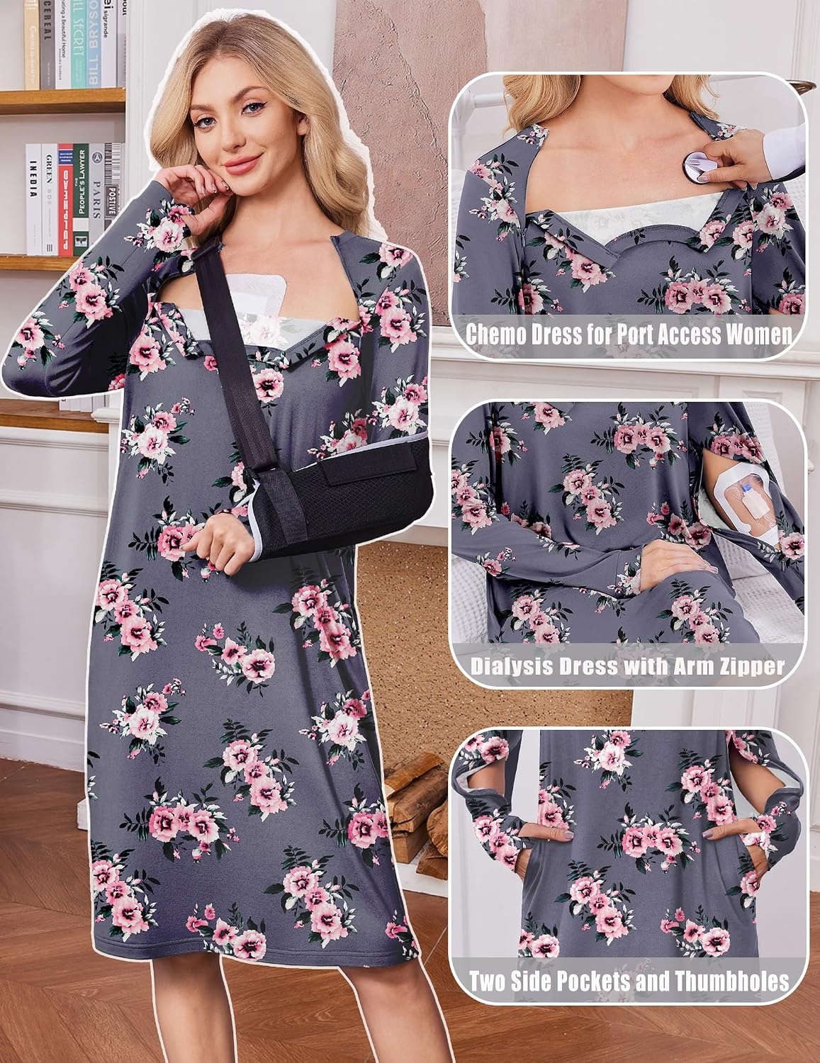 image:imageDeyeek Chemo Dress for Port Access Women Dialysis Dresses with Arm Zipper Long Sleeve Post Surgery Dress with 2 Hidden Side Zippers Hospital Gowns Chemotherapy Must Haves Nightgowns with PocketsGrey Purple Print