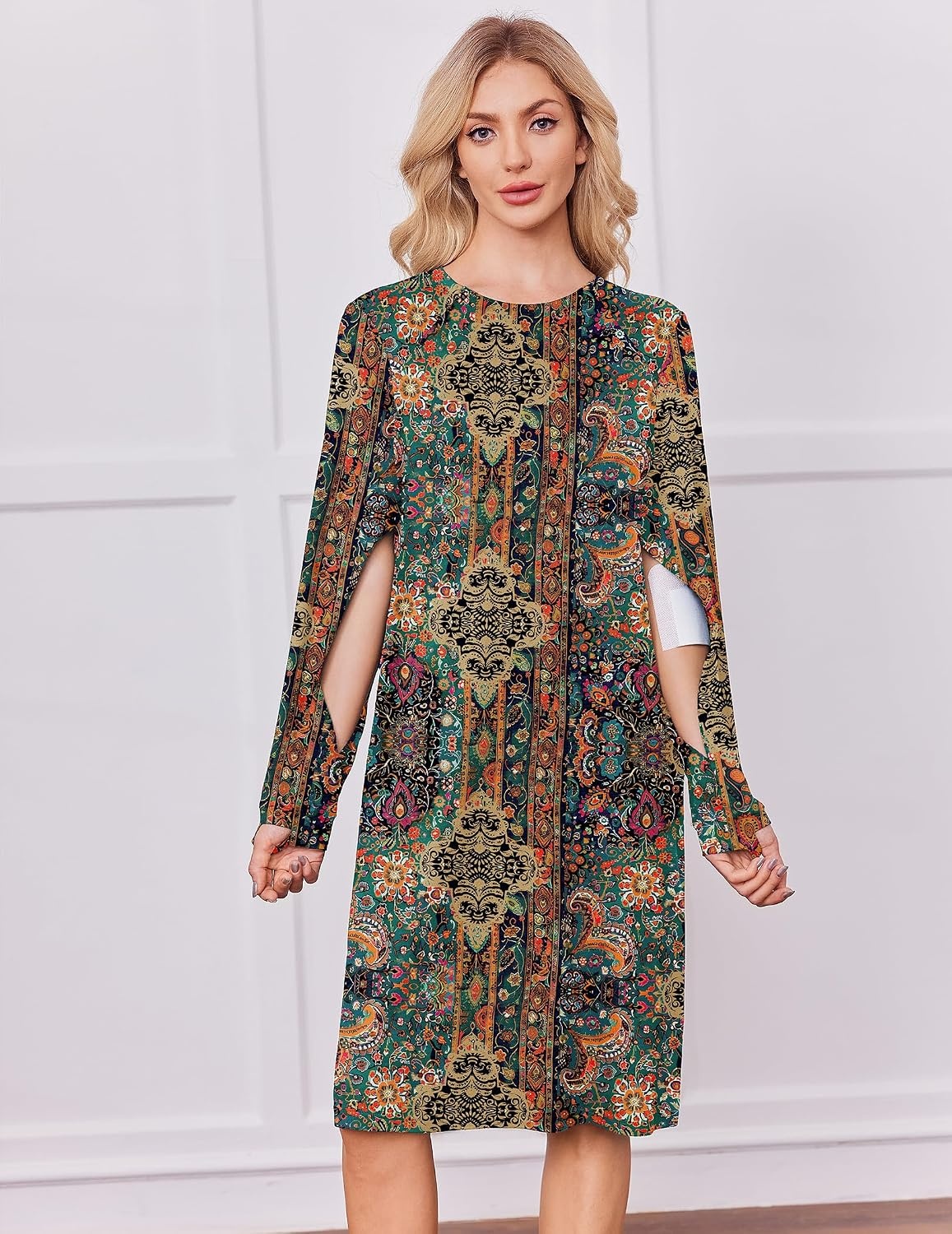 image:imageDeyeek Chemo Dress for Port Access Women Dialysis Dresses with Arm Zipper Long Sleeve Post Surgery Dress with 2 Hidden Side Zippers Hospital Gowns Chemotherapy Must Haves Nightgowns with PocketsPaisley Ethnic