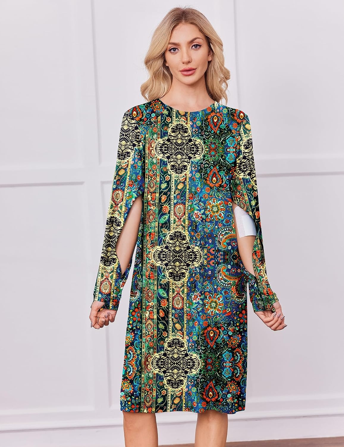 image:imageDeyeek Chemo Dress for Port Access Women Dialysis Dresses with Arm Zipper Long Sleeve Post Surgery Dress with 2 Hidden Side Zippers Hospital Gowns Chemotherapy Must Haves Nightgowns with PocketsBoho Ethnic