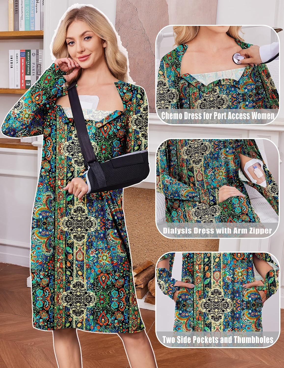 image:imageDeyeek Chemo Dress for Port Access Women Dialysis Dresses with Arm Zipper Long Sleeve Post Surgery Dress with 2 Hidden Side Zippers Hospital Gowns Chemotherapy Must Haves Nightgowns with PocketsBoho Ethnic