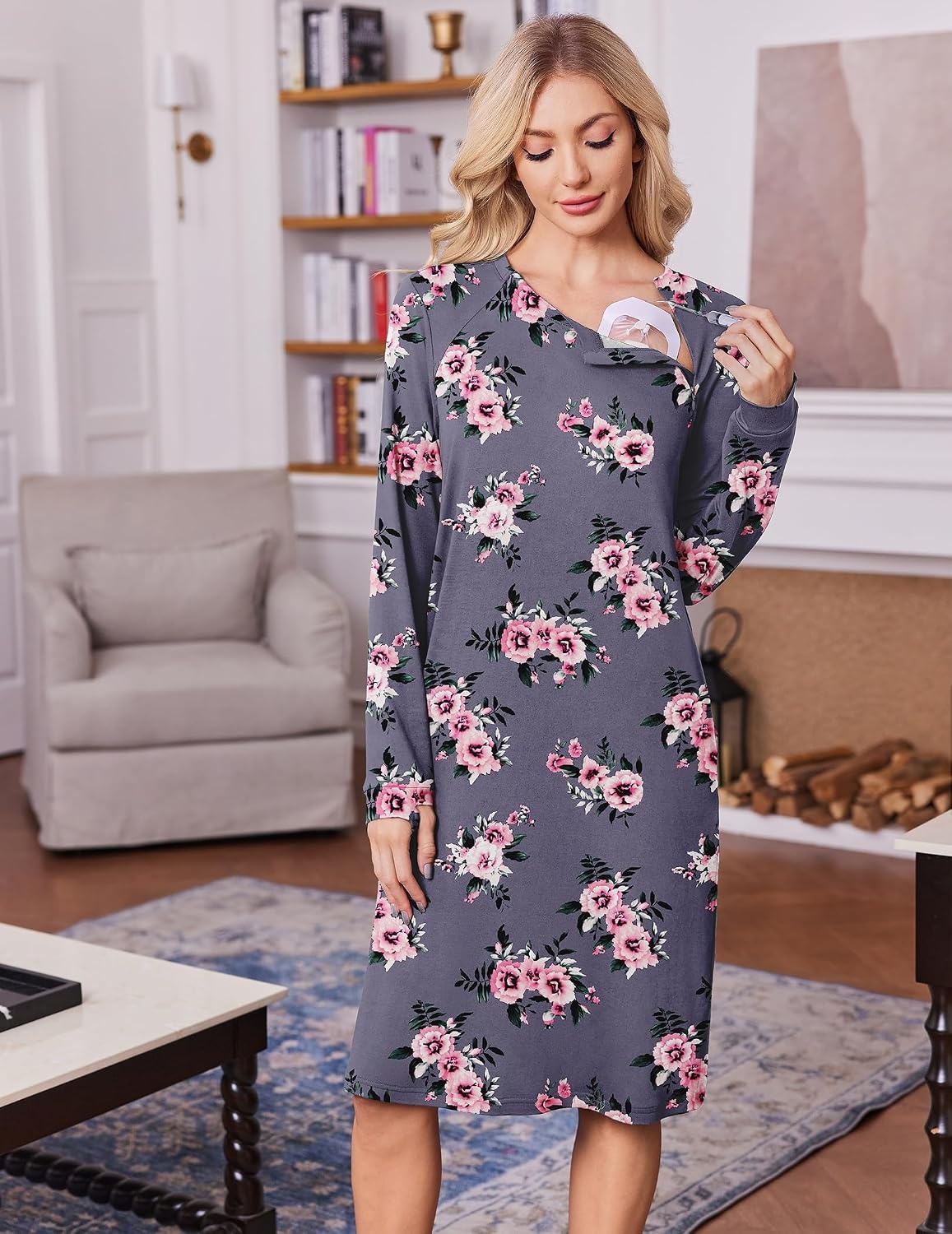 image:imageDeyeek Chemo Dress for Port Access Women Dialysis Dresses with Arm Zipper Long Sleeve Post Surgery Dress with 2 Hidden Side Zippers Hospital Gowns Chemotherapy Must Haves Nightgowns with PocketsGrey Purple Print