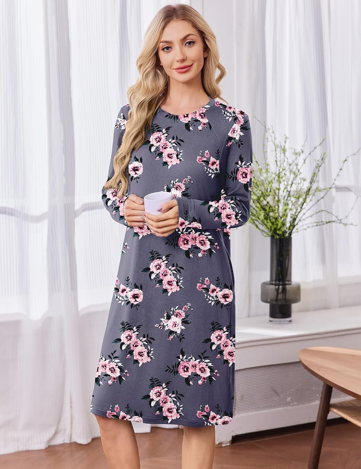 image:imageDeyeek Chemo Dress for Port Access Women Dialysis Dresses with Arm Zipper Long Sleeve Post Surgery Dress with 2 Hidden Side Zippers Hospital Gowns Chemotherapy Must Haves Nightgowns with PocketsGrey Purple Print