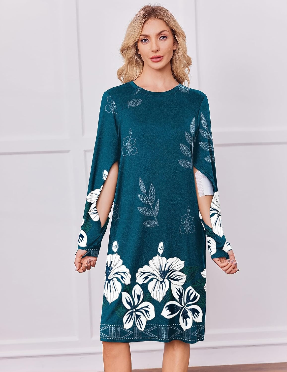 image:imageDeyeek Chemo Dress for Port Access Women Dialysis Dresses with Arm Zipper Long Sleeve Post Surgery Dress with 2 Hidden Side Zippers Hospital Gowns Chemotherapy Must Haves Nightgowns with PocketsDark Blue Print