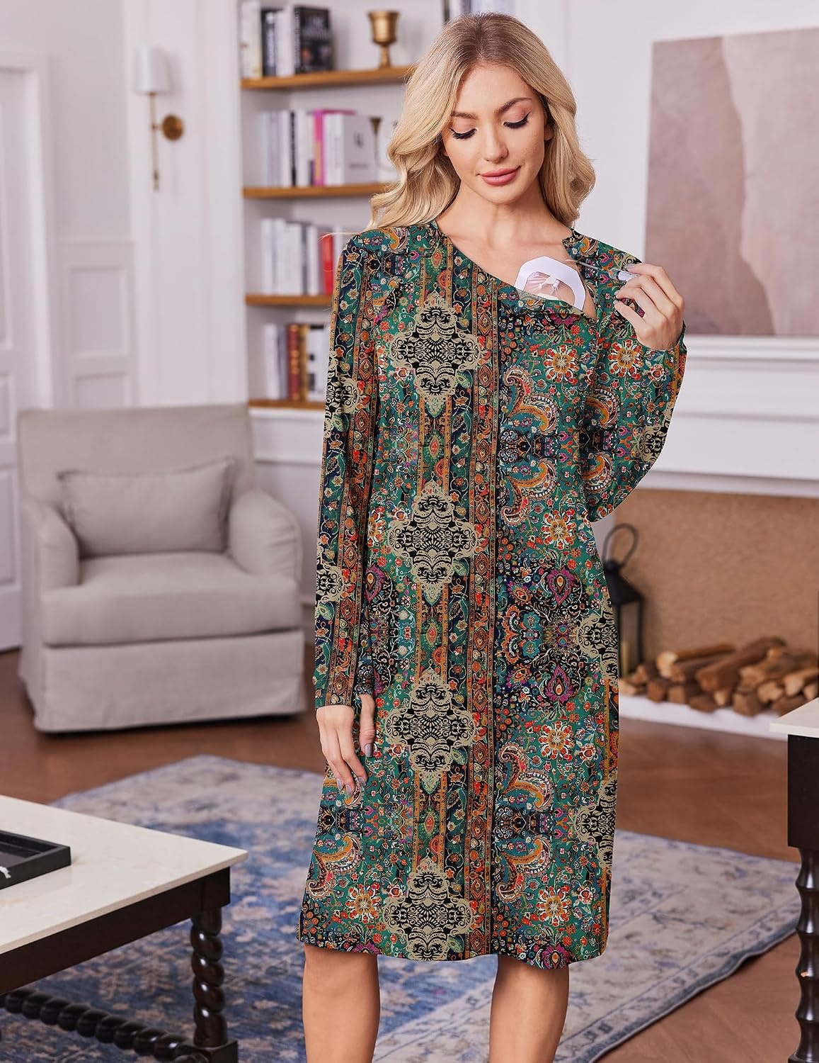 image:imageDeyeek Chemo Dress for Port Access Women Dialysis Dresses with Arm Zipper Long Sleeve Post Surgery Dress with 2 Hidden Side Zippers Hospital Gowns Chemotherapy Must Haves Nightgowns with PocketsPaisley Ethnic