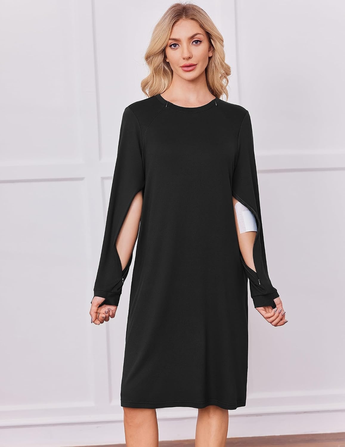 image:imageDeyeek Chemo Dress for Port Access Women Dialysis Dresses with Arm Zipper Long Sleeve Post Surgery Dress with 2 Hidden Side Zippers Hospital Gowns Chemotherapy Must Haves Nightgowns with PocketsBlack