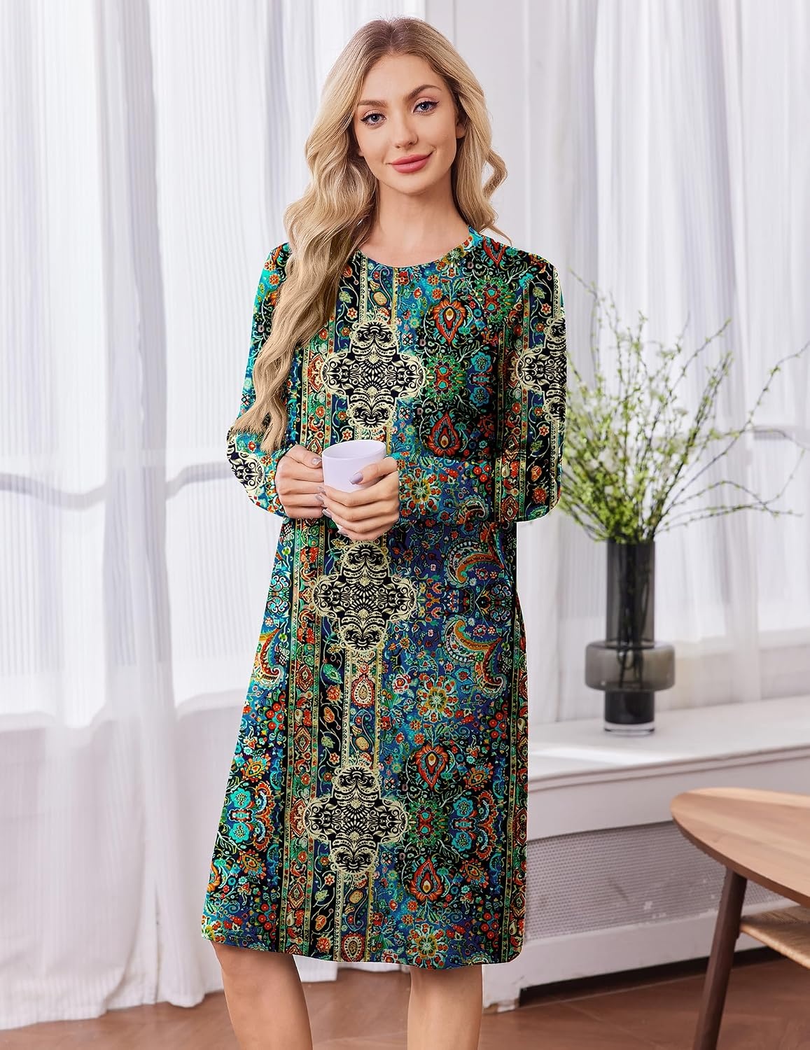 image:imageDeyeek Chemo Dress for Port Access Women Dialysis Dresses with Arm Zipper Long Sleeve Post Surgery Dress with 2 Hidden Side Zippers Hospital Gowns Chemotherapy Must Haves Nightgowns with PocketsBoho Ethnic