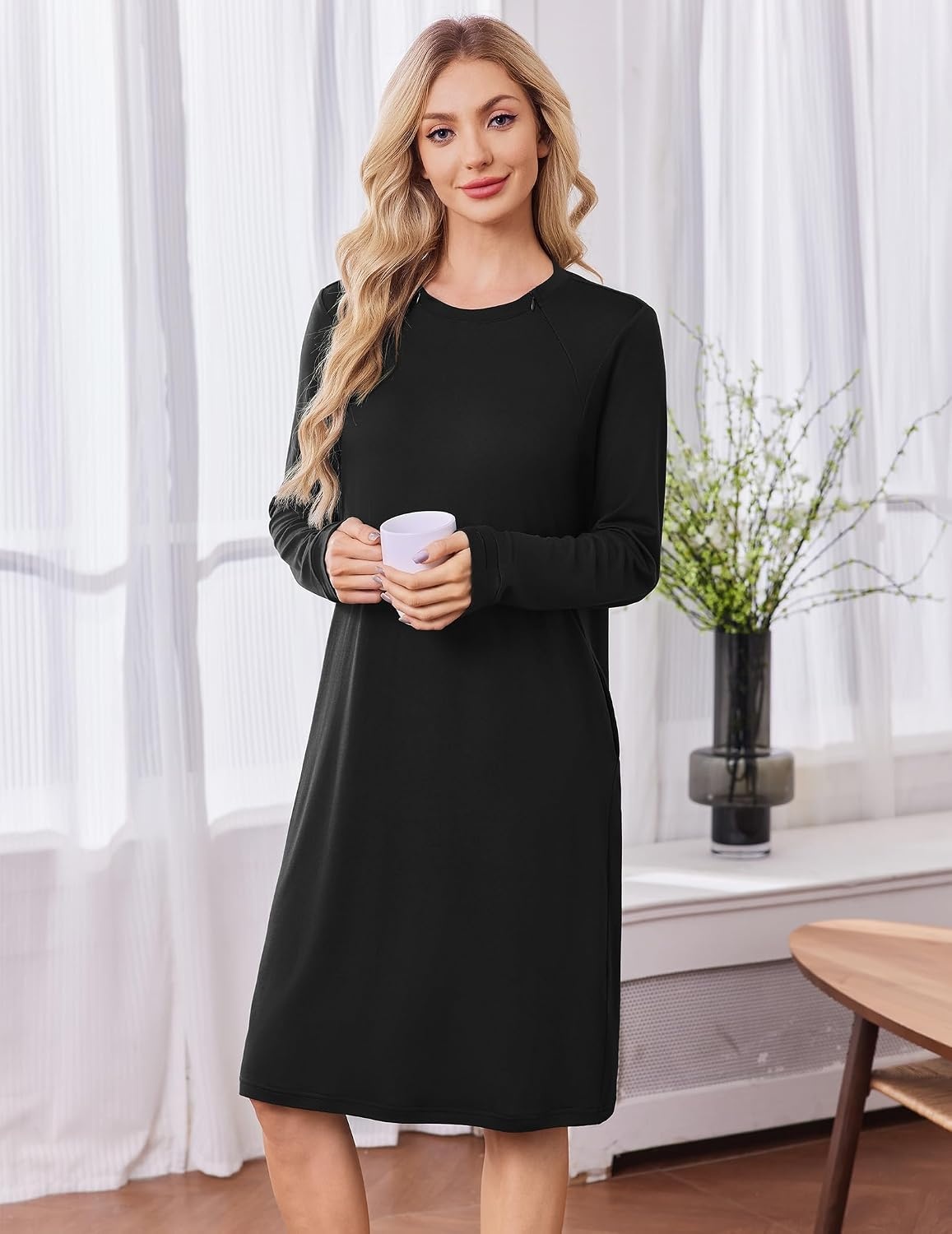 image:imageDeyeek Chemo Dress for Port Access Women Dialysis Dresses with Arm Zipper Long Sleeve Post Surgery Dress with 2 Hidden Side Zippers Hospital Gowns Chemotherapy Must Haves Nightgowns with PocketsBlack