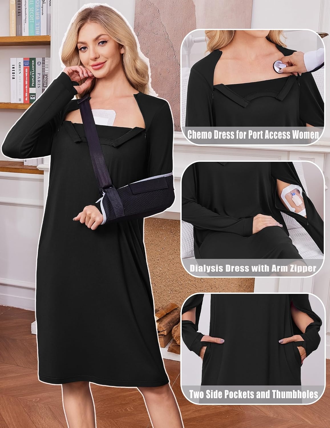 image:imageDeyeek Chemo Dress for Port Access Women Dialysis Dresses with Arm Zipper Long Sleeve Post Surgery Dress with 2 Hidden Side Zippers Hospital Gowns Chemotherapy Must Haves Nightgowns with PocketsBlack