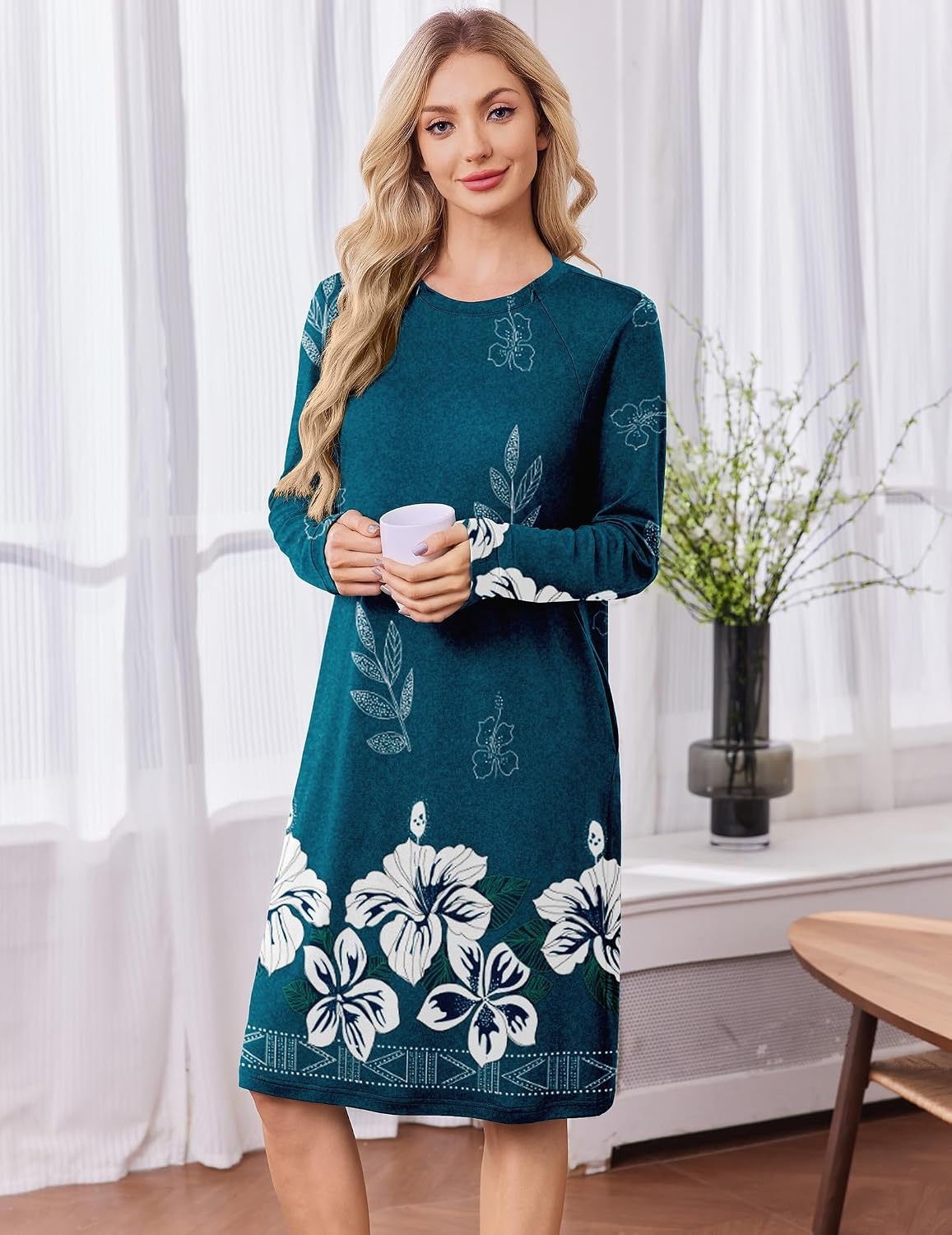 image:imageDeyeek Chemo Dress for Port Access Women Dialysis Dresses with Arm Zipper Long Sleeve Post Surgery Dress with 2 Hidden Side Zippers Hospital Gowns Chemotherapy Must Haves Nightgowns with PocketsDark Blue Print