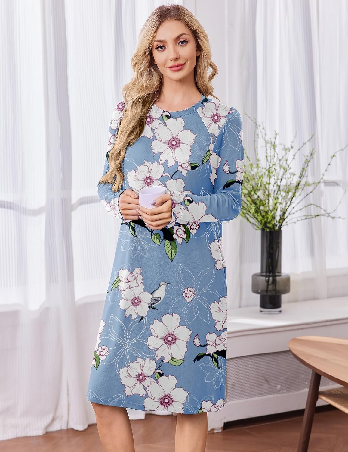 image:imageDeyeek Chemo Dress for Port Access Women Dialysis Dresses with Arm Zipper Long Sleeve Post Surgery Dress with 2 Hidden Side Zippers Hospital Gowns Chemotherapy Must Haves Nightgowns with PocketsBlue Print