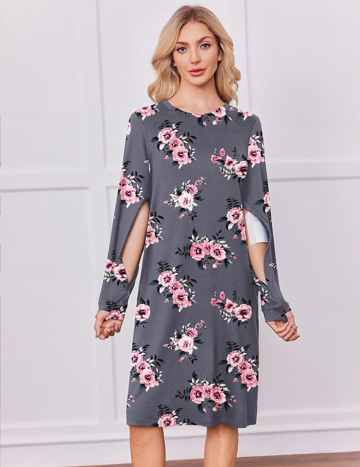 image:imageDeyeek Chemo Dress for Port Access Women Dialysis Dresses with Arm Zipper Long Sleeve Post Surgery Dress with 2 Hidden Side Zippers Hospital Gowns Chemotherapy Must Haves Nightgowns with PocketsGrey Purple Print