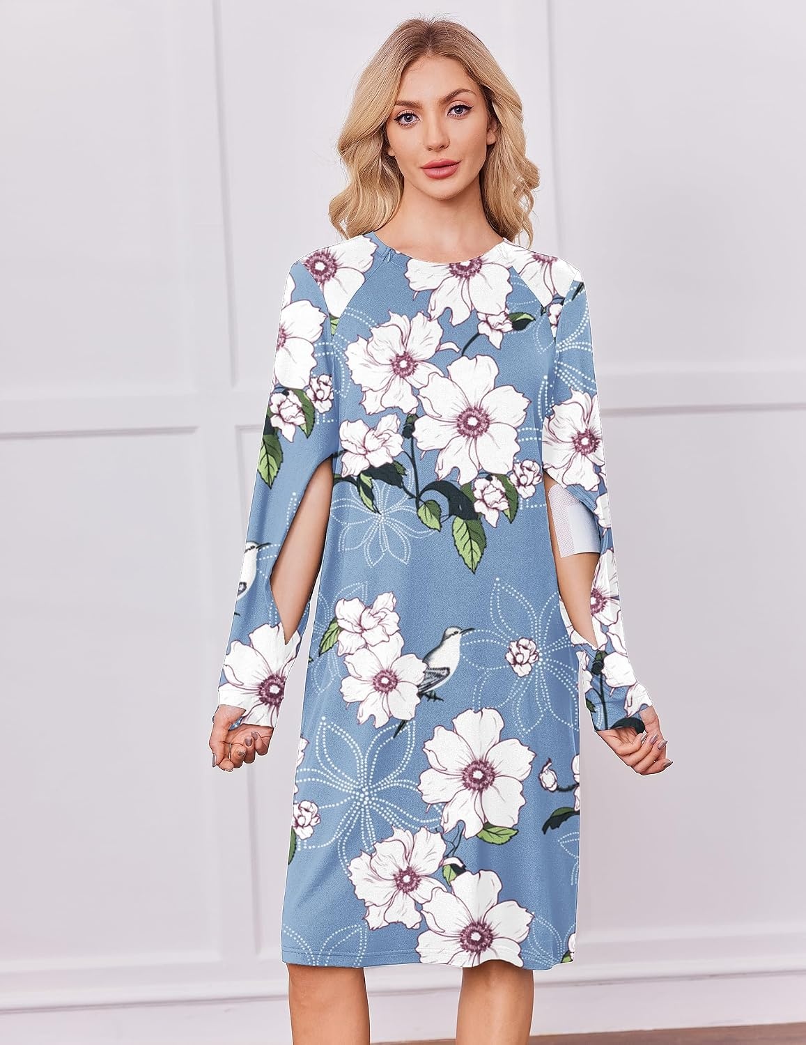 image:imageDeyeek Chemo Dress for Port Access Women Dialysis Dresses with Arm Zipper Long Sleeve Post Surgery Dress with 2 Hidden Side Zippers Hospital Gowns Chemotherapy Must Haves Nightgowns with PocketsBlue Print