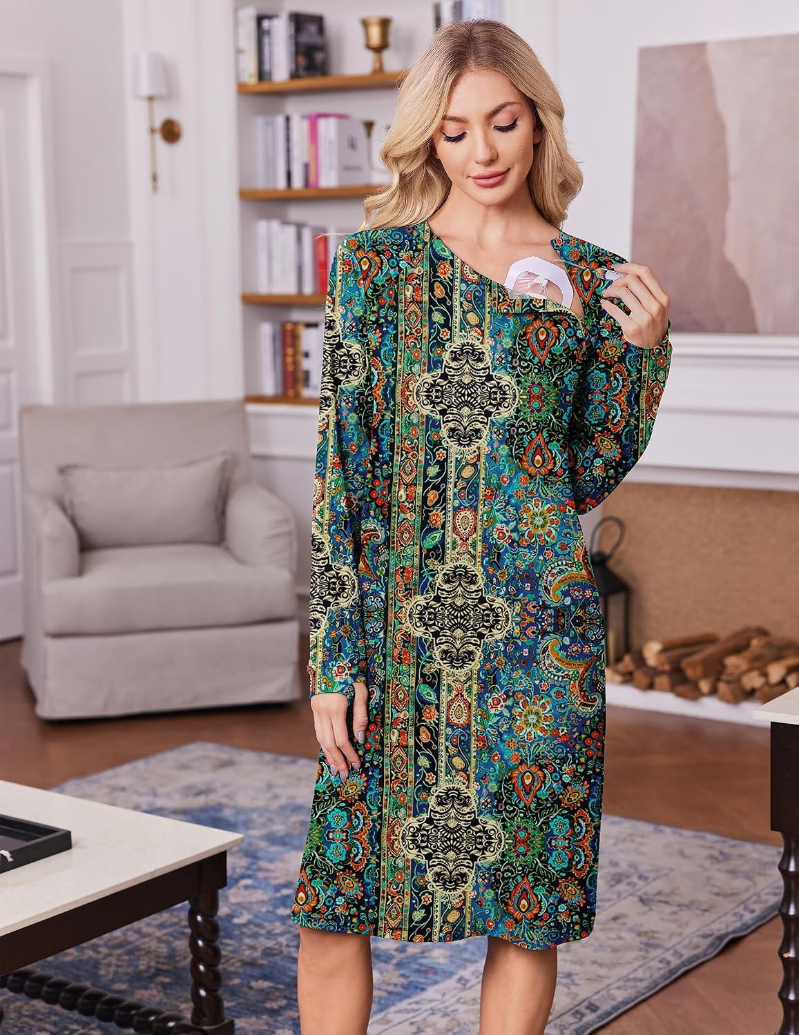 image:imageDeyeek Chemo Dress for Port Access Women Dialysis Dresses with Arm Zipper Long Sleeve Post Surgery Dress with 2 Hidden Side Zippers Hospital Gowns Chemotherapy Must Haves Nightgowns with PocketsBoho Ethnic