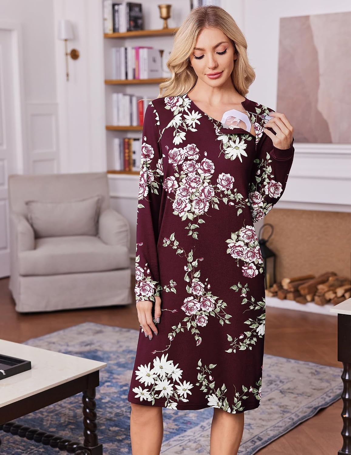 image:imageDeyeek Chemo Dress for Port Access Women Dialysis Dresses with Arm Zipper Long Sleeve Post Surgery Dress with 2 Hidden Side Zippers Hospital Gowns Chemotherapy Must Haves Nightgowns with PocketsRed Print