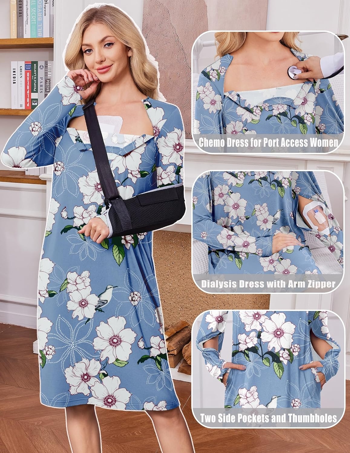 image:imageDeyeek Chemo Dress for Port Access Women Dialysis Dresses with Arm Zipper Long Sleeve Post Surgery Dress with 2 Hidden Side Zippers Hospital Gowns Chemotherapy Must Haves Nightgowns with PocketsBlue Print