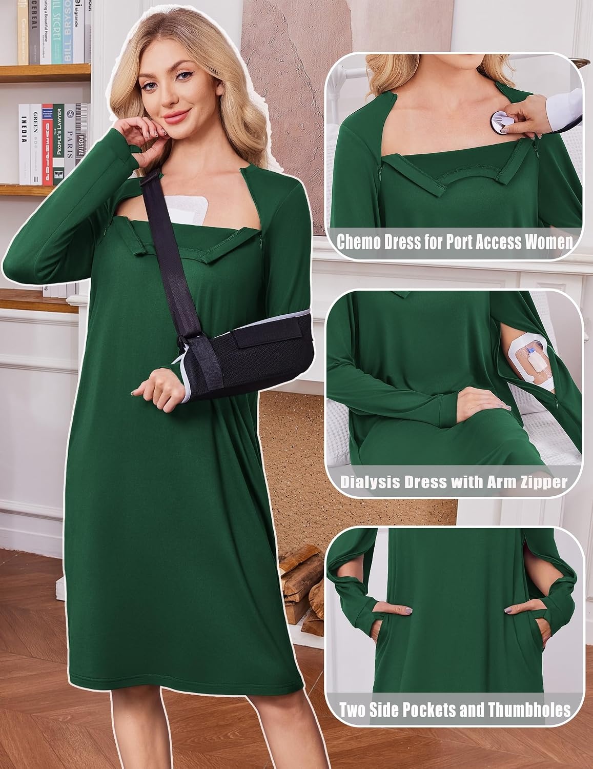 image:imageDeyeek Chemo Dress for Port Access Women Dialysis Dresses with Arm Zipper Long Sleeve Post Surgery Dress with 2 Hidden Side Zippers Hospital Gowns Chemotherapy Must Haves Nightgowns with PocketsDark Green