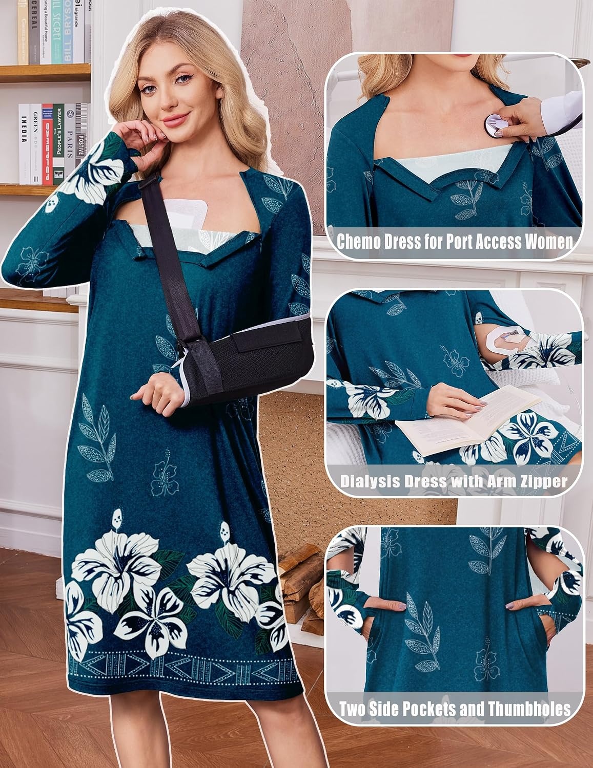 image:imageDeyeek Chemo Dress for Port Access Women Dialysis Dresses with Arm Zipper Long Sleeve Post Surgery Dress with 2 Hidden Side Zippers Hospital Gowns Chemotherapy Must Haves Nightgowns with PocketsDark Blue Print