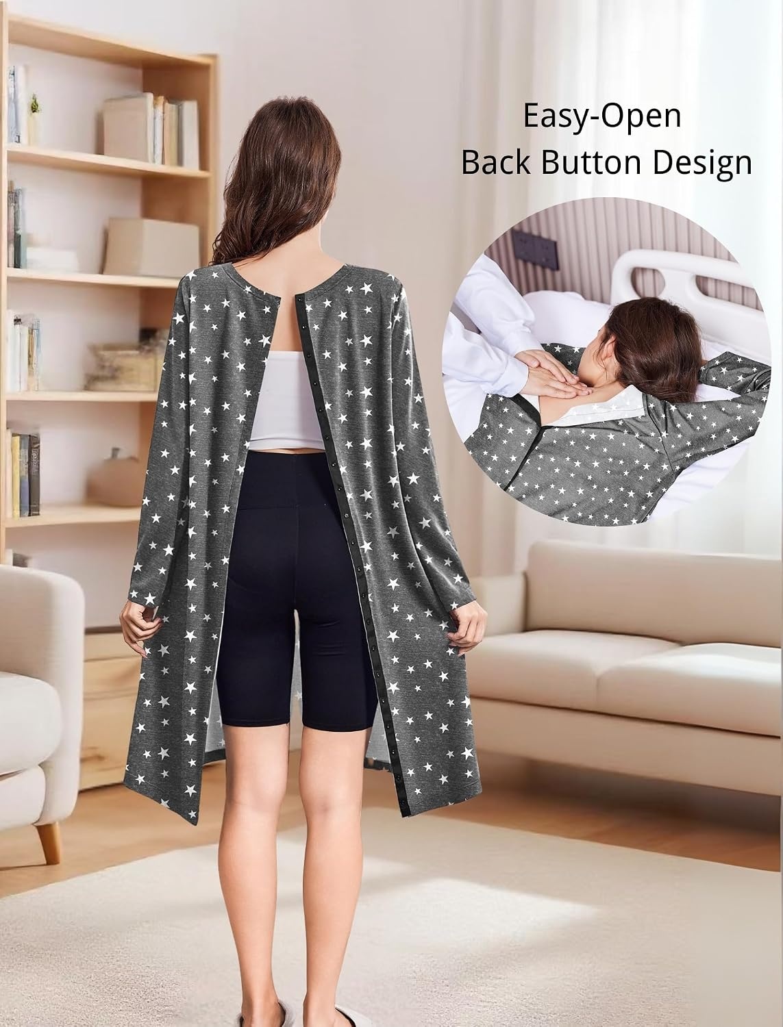 image:imageOpen Back Hospital Gowns for Women Post Shoulder Surgery Tear Away Snap Chemo Port Adaptive Clothing with PocketsGray Print