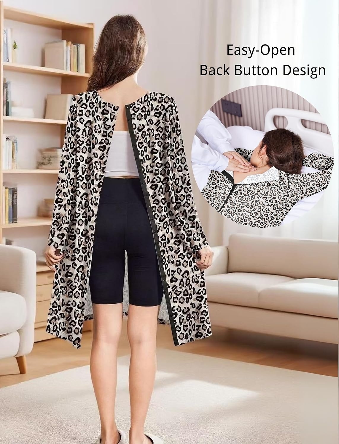 image:imageOpen Back Hospital Gowns for Women Post Shoulder Surgery Tear Away Snap Chemo Port Adaptive Clothing with PocketsLeopard