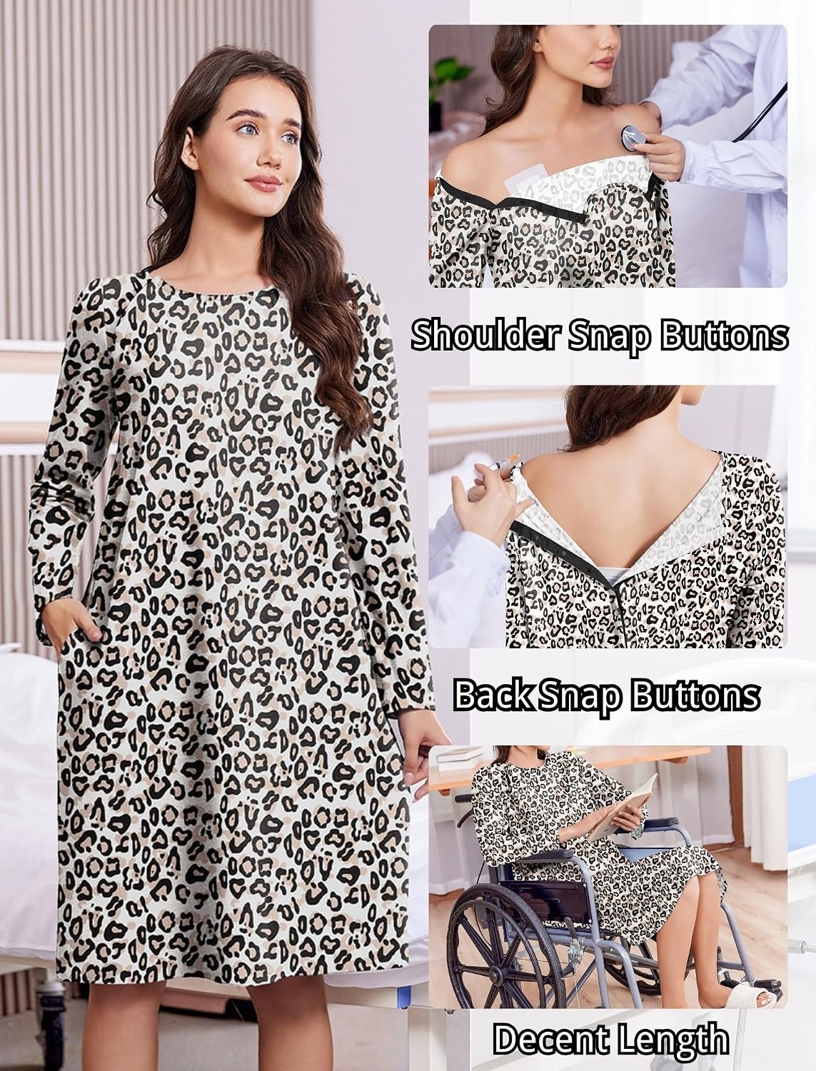 image:imageOpen Back Hospital Gowns for Women Post Shoulder Surgery Tear Away Snap Chemo Port Adaptive Clothing with PocketsLeopard