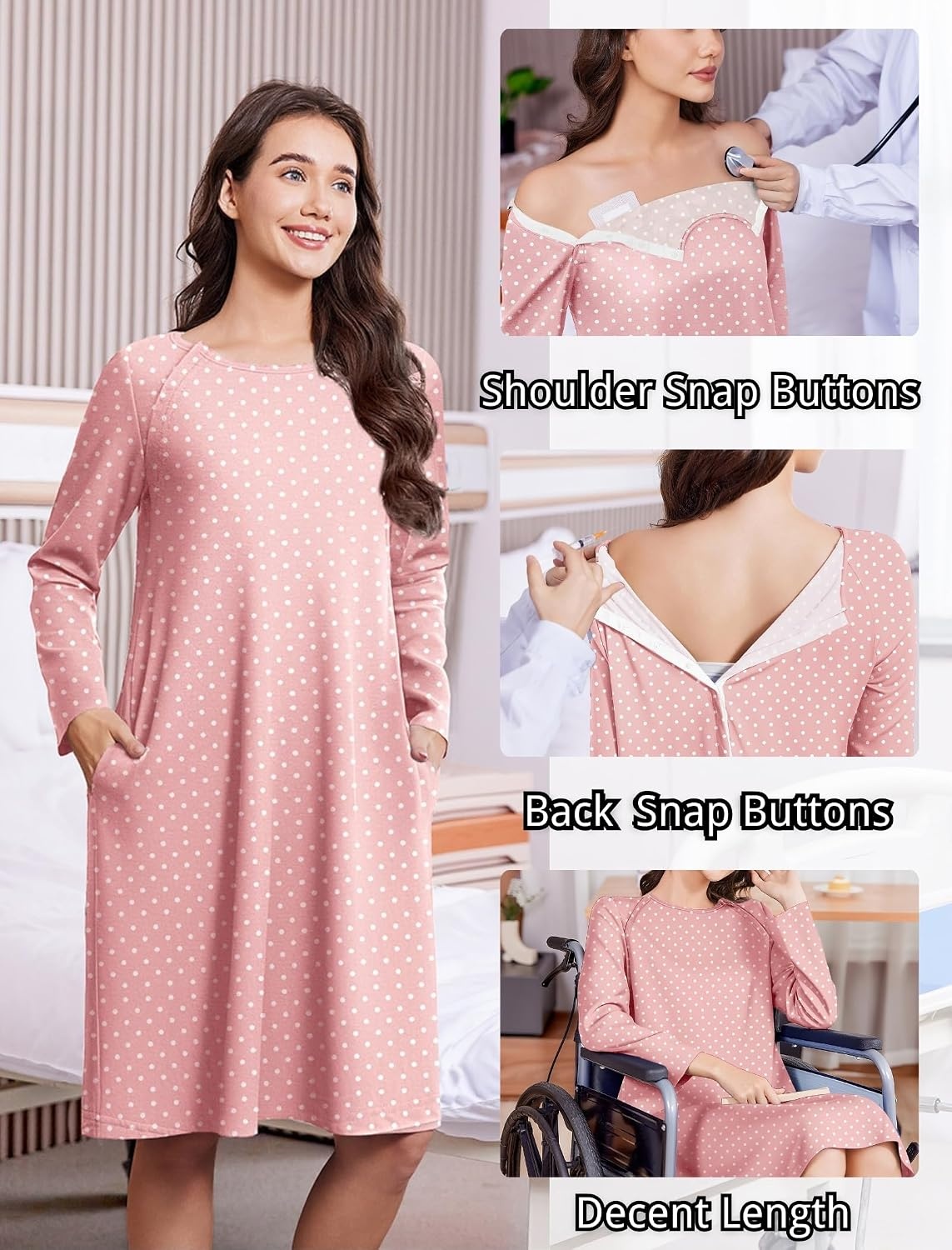 image:imageOpen Back Hospital Gowns for Women Post Shoulder Surgery Tear Away Snap Chemo Port Adaptive Clothing with PocketsPink Print