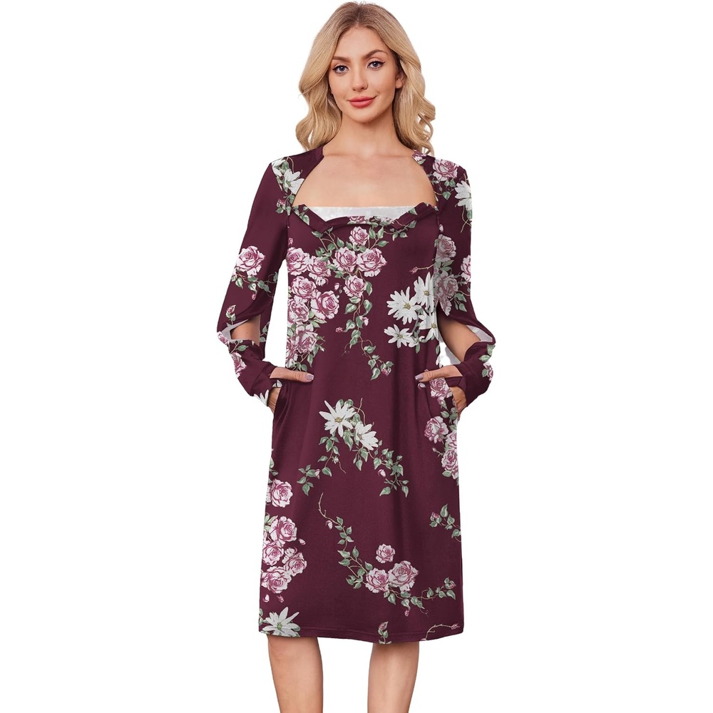 image:imageDeyeek Chemo Dress for Port Access Women Dialysis Dresses with Arm Zipper Long Sleeve Post Surgery Dress with 2 Hidden Side Zippers Hospital Gowns Chemotherapy Must Haves Nightgowns with PocketsRed Print