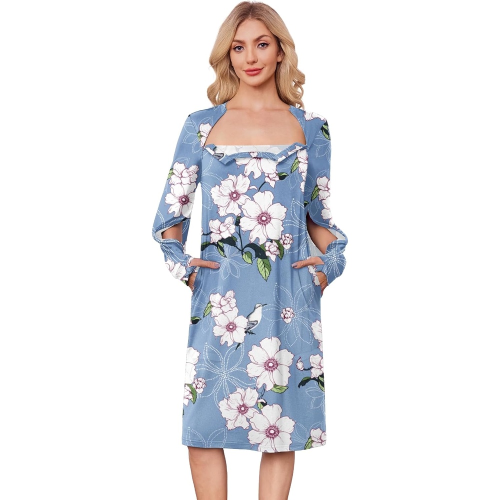 image:imageDeyeek Chemo Dress for Port Access Women Dialysis Dresses with Arm Zipper Long Sleeve Post Surgery Dress with 2 Hidden Side Zippers Hospital Gowns Chemotherapy Must Haves Nightgowns with PocketsBlue Print