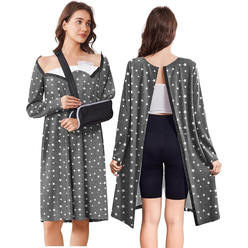 image:imageOpen Back Hospital Gowns for Women Post Shoulder Surgery Tear Away Snap Chemo Port Adaptive Clothing with PocketsGray Print