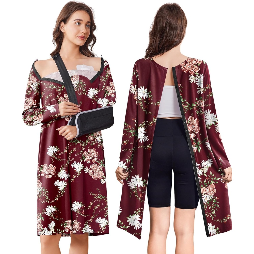 image:imageOpen Back Hospital Gowns for Women Post Shoulder Surgery Tear Away Snap Chemo Port Adaptive Clothing with PocketsRed Print