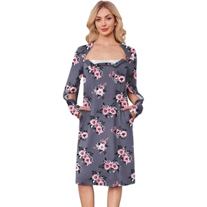 Deyeek Chemo Dress for Port Access Women Dialysis Dresses with Arm Zipper | Long Sleeve Post Surgery Dress with 2 Hidden Side Zippers, Hospital Gowns, Chemotherapy Must Haves, Nightgowns with Pockets(Grey Purple Print)